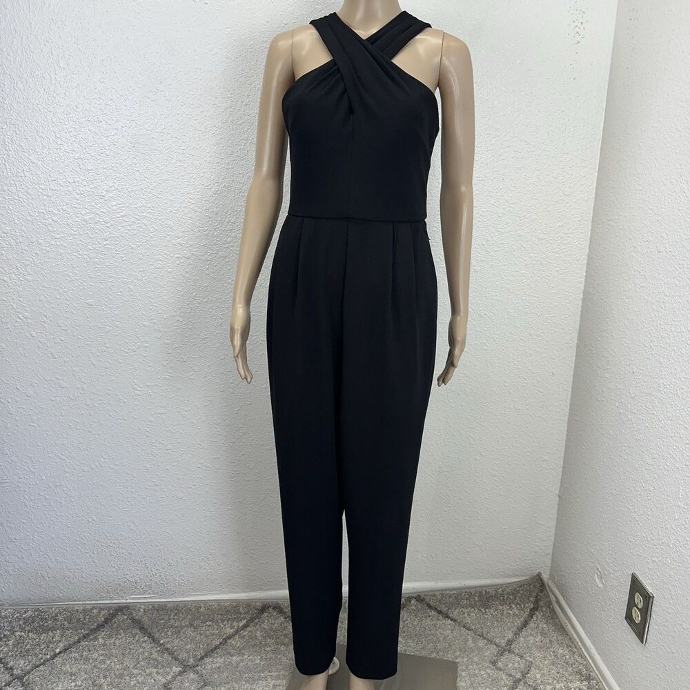 Eliza J Sleeveless Cross Halter Collar Pleated Jumpsuit Pockets Size 6 Black New